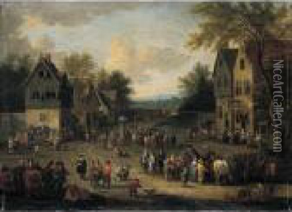 A Crowded Village Scene With Numerous Villagers And Animals Oil Painting - Peeter Bout