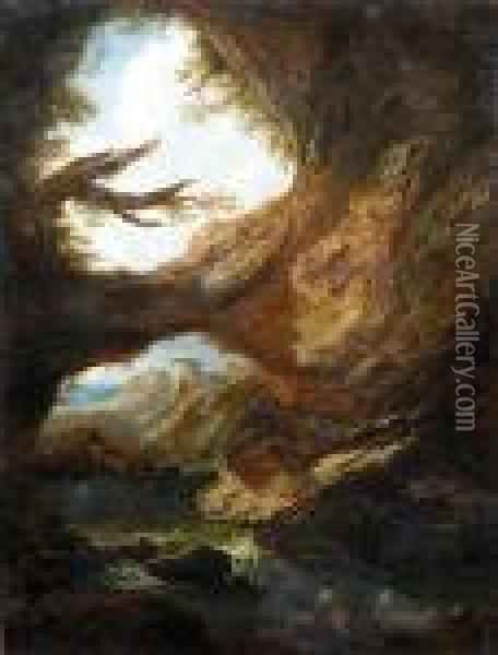 Grottenlandschaft Mit Einem Schatzsucher An Einem Fluss Oil Painting - Antonio Maria Marini