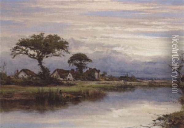 Flodlandskab Med Huse Og Maende I En Bad Oil Painting - William E. Harris