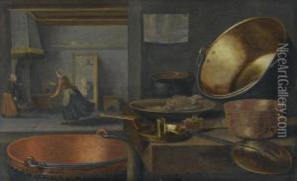 A Kitchen Still Life With Pots And Pans On A Stone Ledge And Animated Figures In The Background Oil Painting - Floris Gerritsz. van Schooten