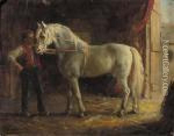 A Groom Tending A Circus-horse Oil Painting - Otto Eerelman