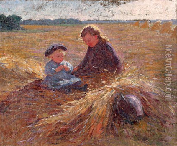 Le Fenaison, Mere Et Enfant Dans Un Champ Oil Painting - Albert-Auguste Fourie