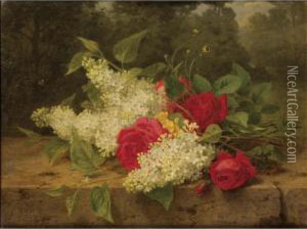 Lilas Et Roses Rouges [ ; Lilac And Red Roses ; Signed Lower Left J Medard ; Oil On Canvas] Oil Painting - Jules Ferdinand Medard