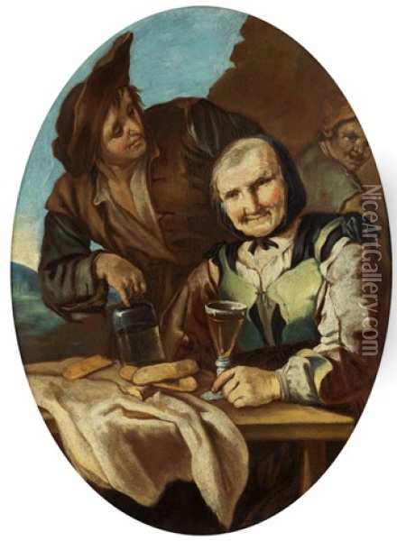 Alte Frau Und Junger Wirt Oil Painting - Giacomo Francesco Cipper