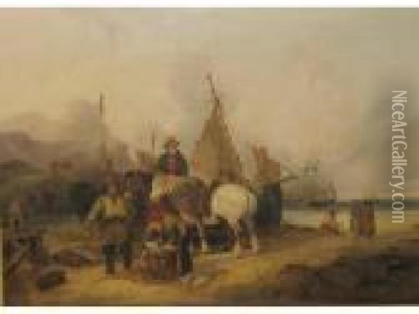 Fisherfolk On A Beach With Sailing Vessels Beyond Oil Painting - Snr William Shayer