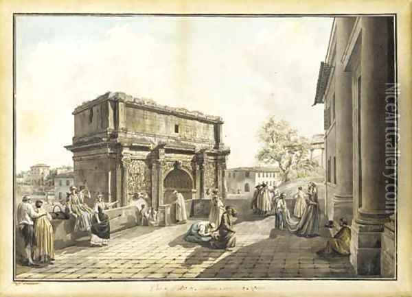 The Arch of Septimius Severus seen from the terrace of San Giuseppe dei Falegnami, Rome Oil Painting - Abraham Louis Rudolph Ducros