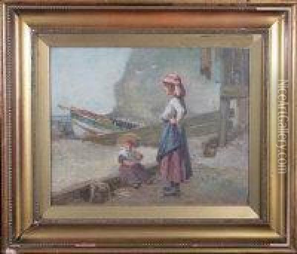 Waiting For Daddy, Staithes, Yorkshire Oil Painting - John William Gilroy
