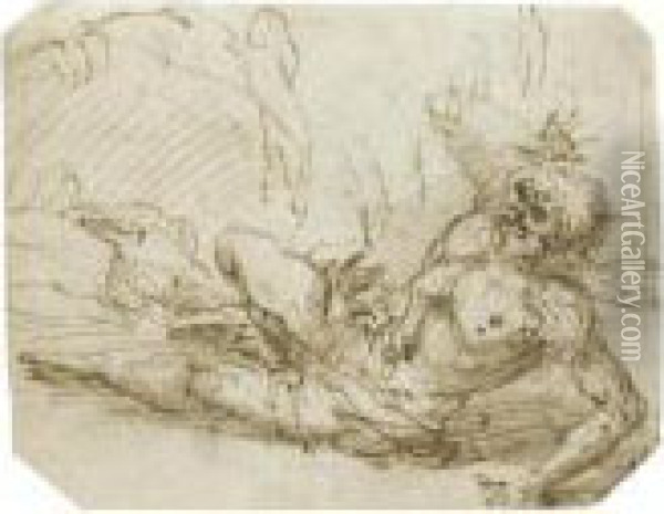 A Bearded Man Sprawled On The Ground With His Right Armraised Oil Painting - Salvator Rosa