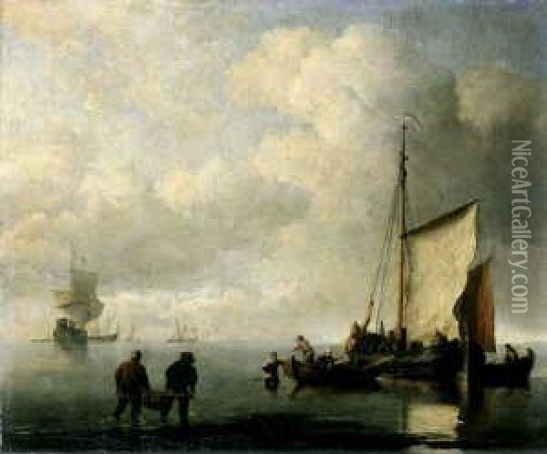 Fischerboote In Strandnahem Gewasser. Im Hintergrund Kriegsschiffe. Oil Painting - Willem van de, the Elder Velde