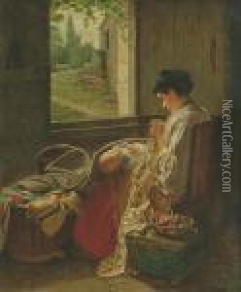 A Mother Sewing Seated At A Window, A Child On Her Lap Oil Painting - Haynes King