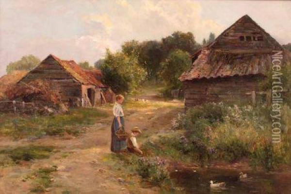 Young Boy With His Mother Fishing In A Farm Pond Oil Painting - Ernst Walbourn