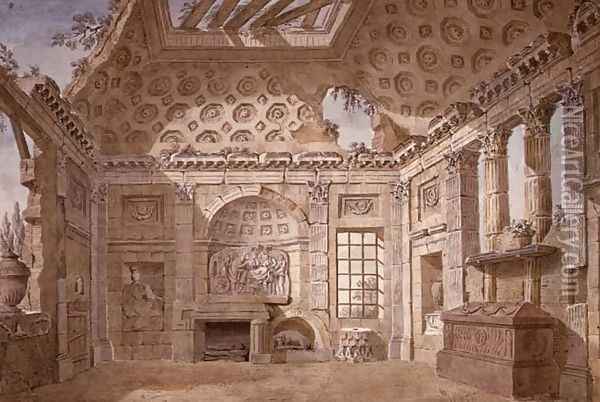 Design for Ruin Room of the monastery (now convent) of St. Trinita del Monte, Rome, c.1766 Oil Painting - Charles-Louis Clerisseau