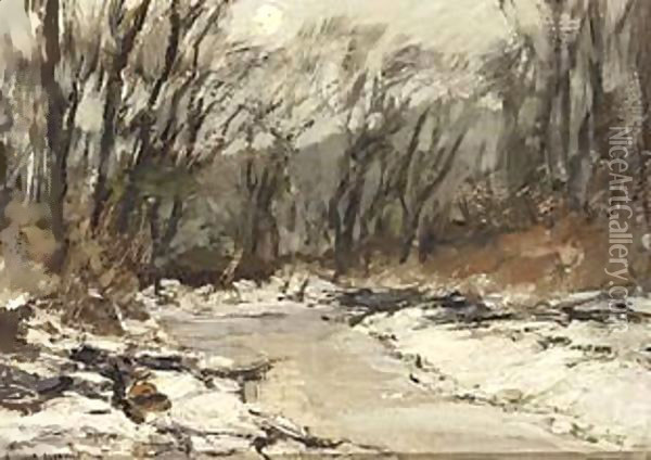 A Wooded Winter Landscape Oil Painting - Louis Apol