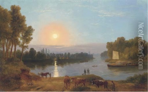 An Extensive River Landscape (the River Thames Looking From Petersham Meadows Towards Richmond Bridge?) Oil Painting - Ramsay Richard Reinagle