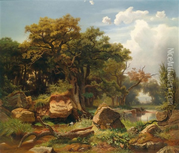 Aulandschaft Mit Storch Oil Painting - Johann (Jan) Kautsky