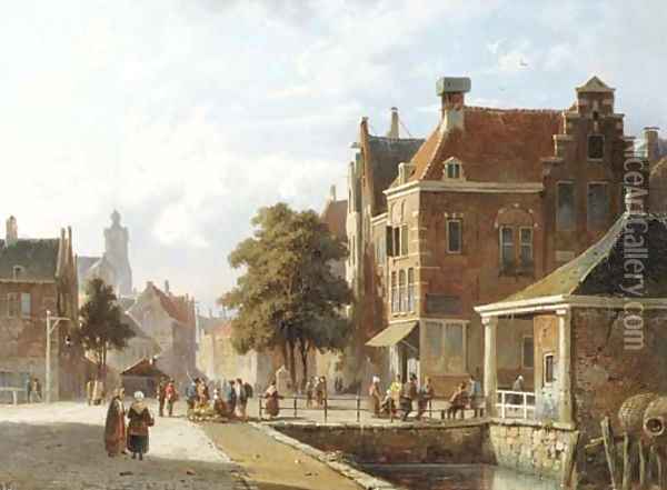Figures by a canal in a sunlit Dutch town Oil Painting - Adrianus Eversen