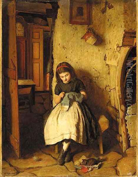 Mending father's socks Oil Painting - William Baater Collier Fyfe