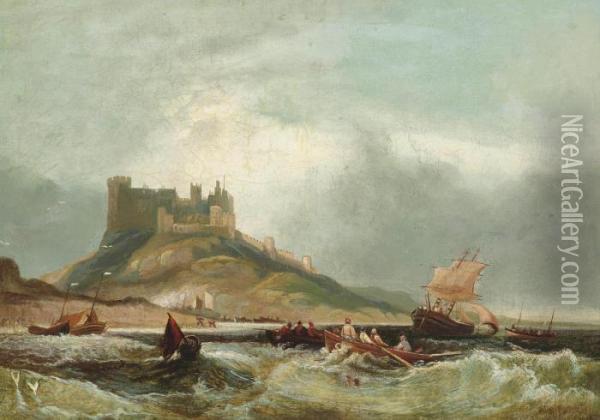 Coastal Traffic Before Bamburgh Castle On The Northumberland Coast Oil Painting - John Wilson Carmichael