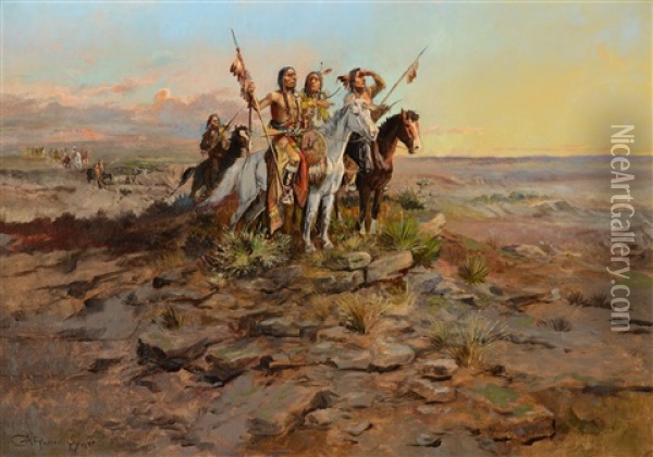 Approach Of The White Men Oil Painting - Charles Marion Russell