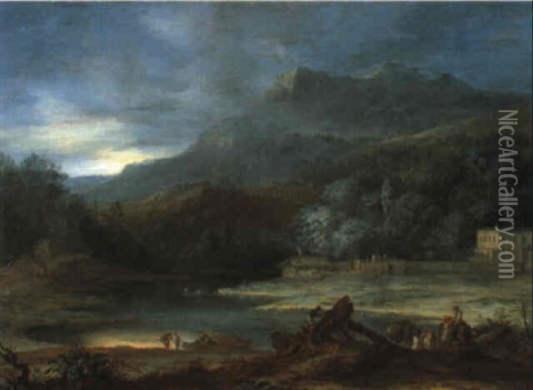 Gebirgslandschaft Mit Villa Am See Oil Painting - Jan Baptiste Huysmans