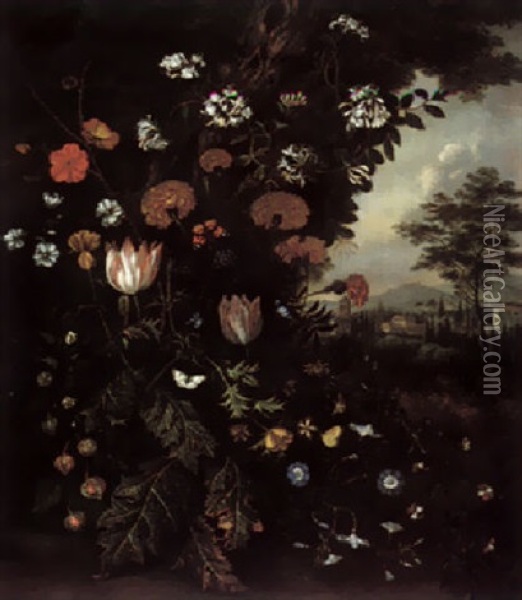 A Forest Floor Still Life With Tulips, Carnations, Roses, Honeysuckle, Thistle And Other Flowers, An Italianate Landscape Beyond Oil Painting - Alida Withoos