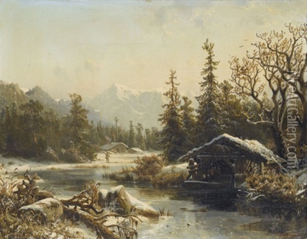 Winterlandschaft Mit Bach Und Alpensicht Oil Painting - Johannes Bartholomaeus Duntze