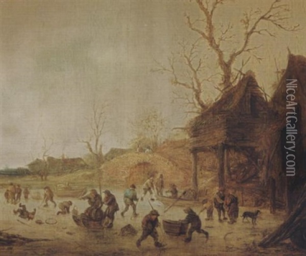 A Winter Landscape With Skaters, Children Playing Kolf And Figures With Sledges On The Ice Near A Bridge Oil Painting - Isaac Van Ostade