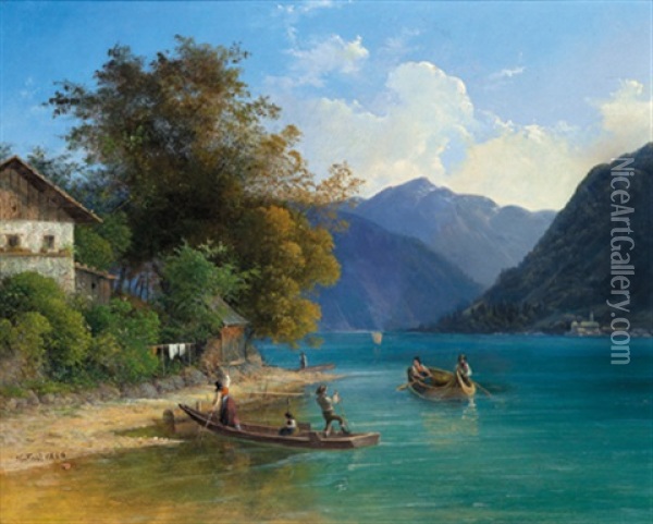 Partie An Einem Alpensee (salzkammergut?) Oil Painting - Joseph Feid