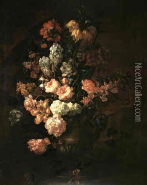 A Still Life Of Flowers Including A Crown Imperial, Irises, Roses, Peonies, Narcissi, Honeysuckle And Convolvus In An Oil Painting - Jean-Baptiste Belin de Fontenay the Elder