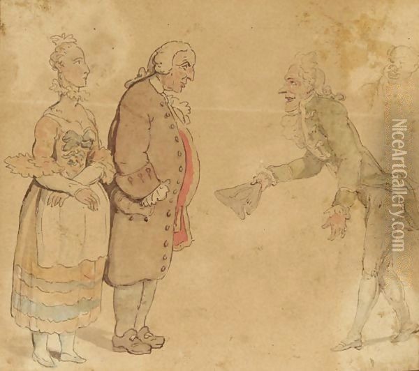 A Gentleman Bowing To A Couple Oil Painting - Thomas Rowlandson