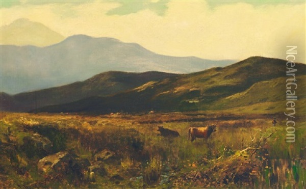Schottisches Hochmoor Mit Rindern An Einem Spatsommerabend Oil Painting - Samuel Bough
