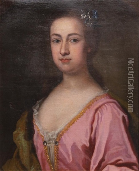 Portrait Of A Lady In A Pink Dress Oil Painting - Jonathan Richardson