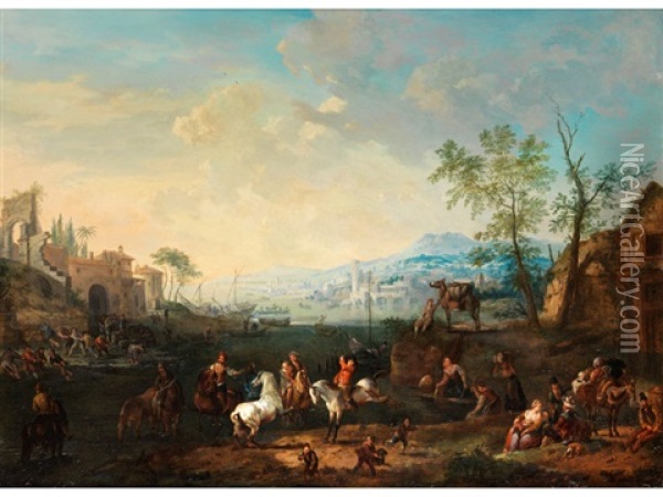 Mediterrane Hafenszene Mit Figuren Oil Painting - Jan Peter van Bredael the Elder