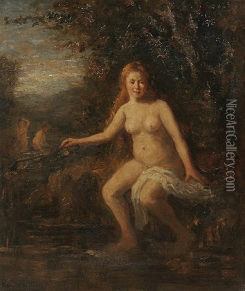 Am Wasser Sitzender Weiblicher Akt Mit Tuch Oil Painting - Bernard de Hoog