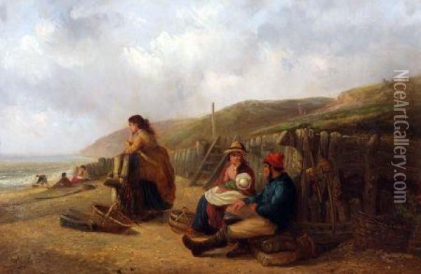 Fisherfolk On The Shore Oil Painting - Thomas Smythe