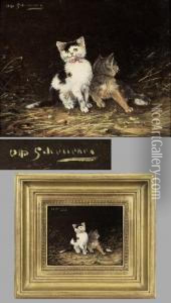 Junge Katzen Im Stroh Oil Painting - Otto Scheuerer