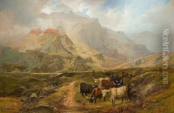 Highland Landscape With Cattle Oil Painting - Clarence Henry Roe