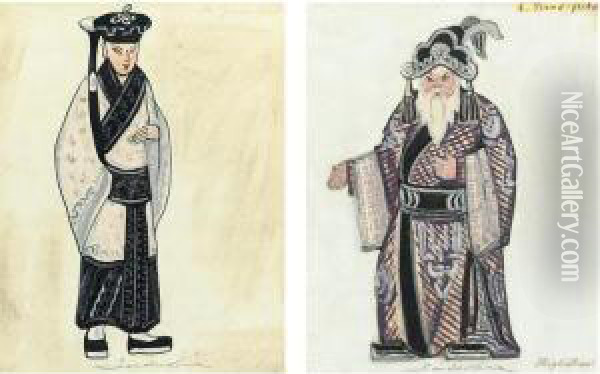 Le Rossignol: The High Priest And The Young Priest A Pair Of Costume Designs Oil Painting - Serge Iurevich Soudeikine