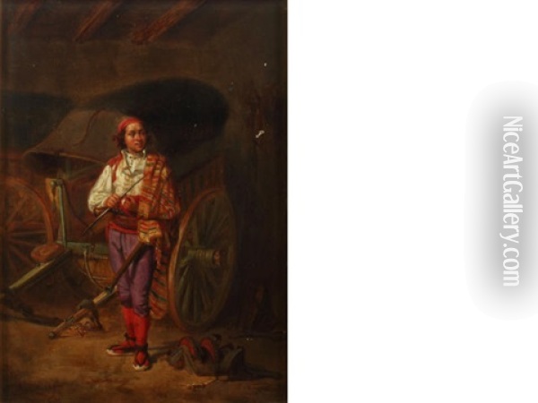 A Man Standing Before A Carriage Oil Painting - Bernardo Ferrandiz Y Badenes
