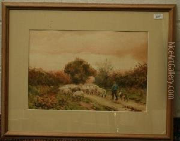 Shepherd With Sheepdog And Sheep In Rural Lane Oil Painting - Walter Sydney Stacey