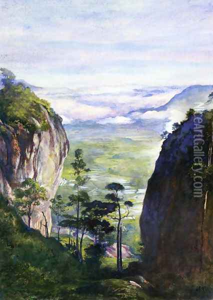 View In Ceylon Near Dambula Looking Over Rice Fields Oil Painting - John La Farge