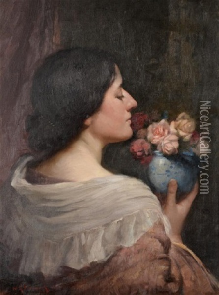 An Elegant Lady Standing With A Bowl Of Roses Oil Painting - William Kay Blacklock
