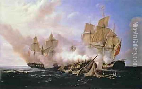 Battle Between the Frigate Pomone and the English Frigates Alcestis and Active Oil Painting - Pierre Julien Gilbert