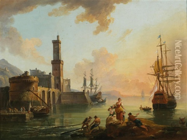 Fishermen And Courtesans In A Mediterranean Port At Sunset; And Fishermen And Oriental Merchants In A Mediterranean Port At Sunrise Oil Painting - Jean Baptiste Lallemand