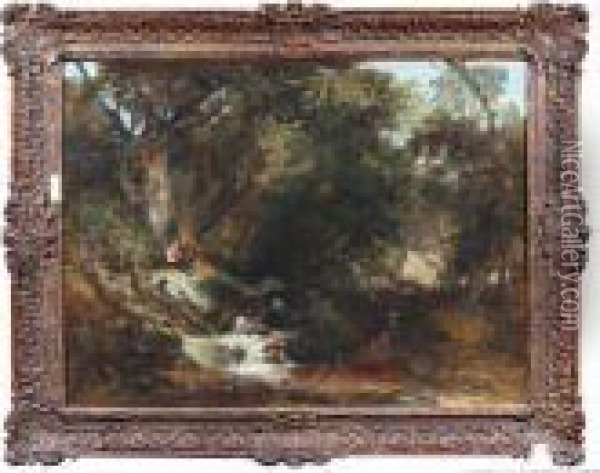 Figures Resting By A Tree In A Wooded Glade With Rushing Stream Oil Painting - William James Muller