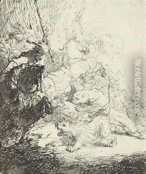 The Small Lion Hunt, With Two Lions. Etching Oil Painting - Rembrandt Van Rijn