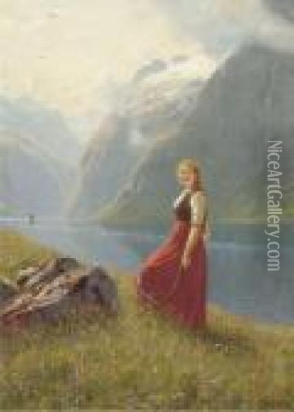 A Young Harvester At A Sunlit Fjord Oil Painting - Hans Dahl