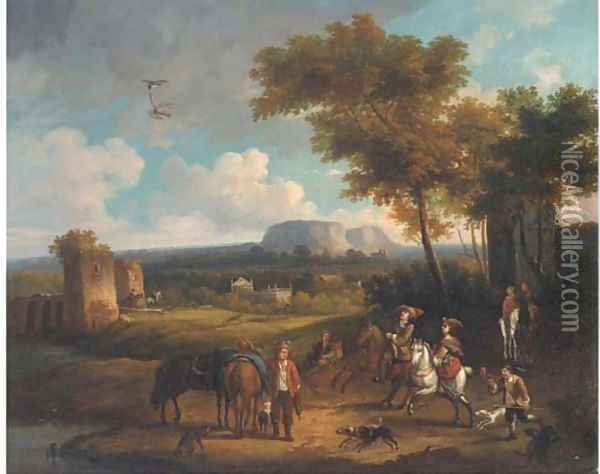 A broad landscape with a hawking party Oil Painting - Carel van Falens or Valens