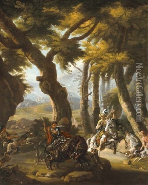 A Wild Boar Hunt (collab. W/pieter Van Der Leeuw) Oil Painting - Domenico Brandi