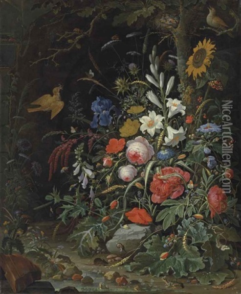 Peonies, Lilies, Roses, Poppies, A Sunflower And Other Flowers On A Forest Floor, With Insects, Snails, Mice And Frogs Oil Painting - Abraham Mignon